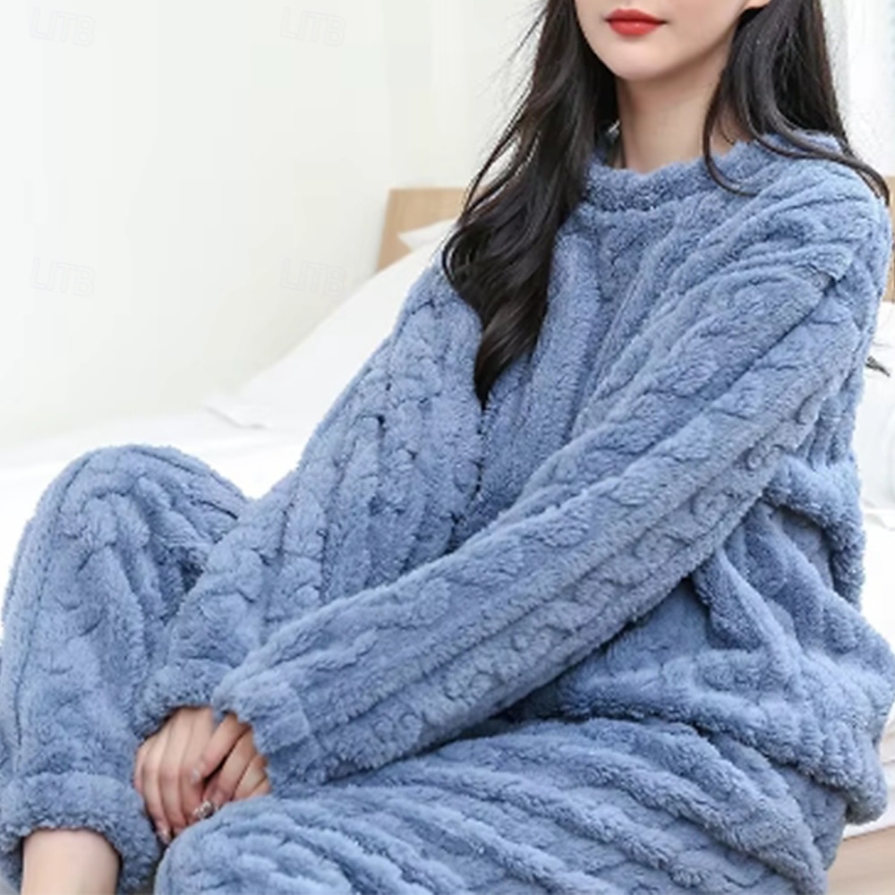 naisten pyjamat loungevaatteet pyjamasetti puhtaan värin lämmin mukavuus makea kodin mukavuus lämmin pyöreä pääntie pitkähihainen villapaita housut talviset kotiasut 2025 - $31.99 –P3