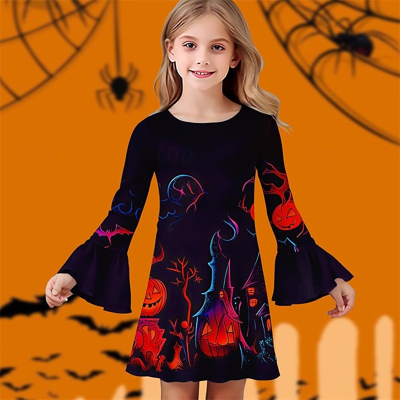 Halloween Tyttöjen 3D Kuvitettu Kurpitsa Mekko Ruffle mekko Pitkähihainen Kesä Kevät Päivittäin Pyhäpäivä Loma Kaunis Halloween Custom Lapset 4-12 vuotta Rento mekko Polvipituinen Polyesteri Normaali 2025 - $16.49 –P5