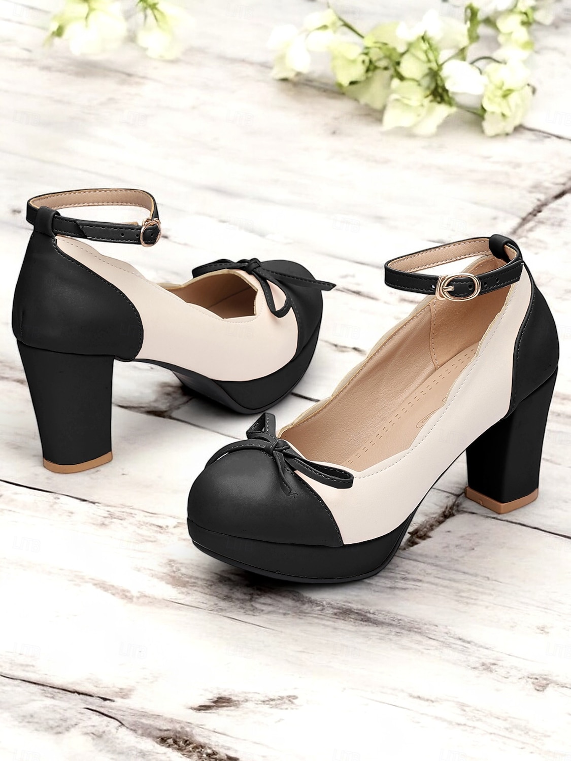 vintage tvåfärgade chunky klackar för kvinnor med ankelrem och rosettdetalj – skor i retrostil för speciella tillfällen 2025 - $59.99 –P1