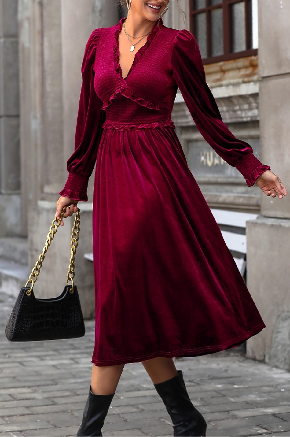 Long Sleeve Velvet Burgundy Maxi Dress Plum Burgundy Velvet Maxi Dress:  Elegant Long Sleeve Gown, Fall