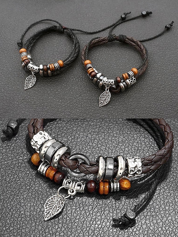 Men's Vintage Faux Leather Charm Bracelets with Wooden Beads and Silver Leaf Pendants - Bohemian Handmade Wristbands for Casual Wear 2025 - $8.99 –P4