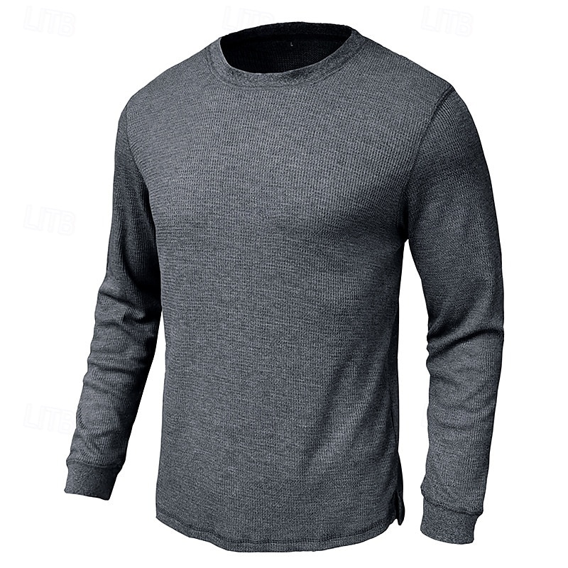 Herr Våffelskjorta T-shirt T-tröja Långärmad tröja Långärmad Rund hals Vår & Höst Slät Mode Designer Grundläggande Stickat Semester Gata Utekväll Mörkbrun Mörkgrå Svart Topp t-shirt för män 2025 - $21.99 –P9