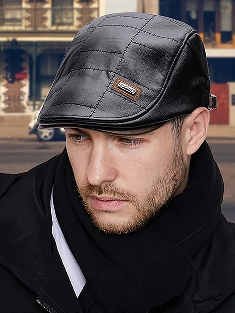braune Schiebermütze aus Kunstleder für Herren mit gestepptem Design – klassische Vintage-Zeitungsjungenmütze für die Freizeit und den Outdoor-Bereich 2025 - $14.99 –P2