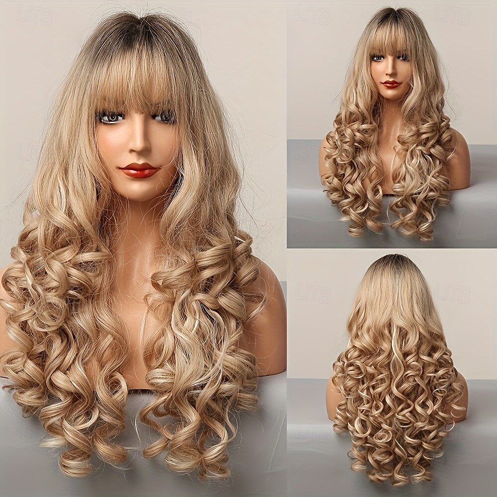 parrucche lunghe con radici scure, parrucca sintetica ondulata e sciolta con frangia per le donne, per feste quotidiane e cosplay del 2025 a $19.99 –P3