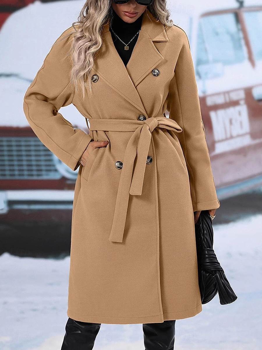 Mulheres Casaco de inverno A Prova de Vento Manter Quente Botões Com cinto Elegante Ao ar livre Côr Sólida Trabalho Casual Trespassado Aberto para a Lateral Ajuste Largo Manga Longa agasalhos Preto de 2025 por $67.99 –P3