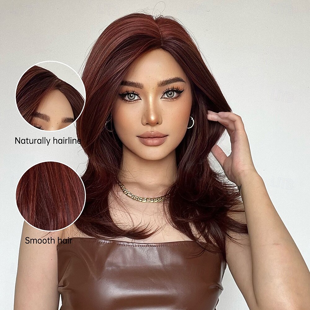 2025年 人工毛ウィッグ ユニフォーム キャリアコスチューム プリンセス ストレート ミドル部 レイヤード・ヘアカット バング付き 機械製 かつら 22 インチ ワインレッド 合成 女性用 コスプレ パーティー ファッション バーガンディー  コレクション – $25.99 –P3