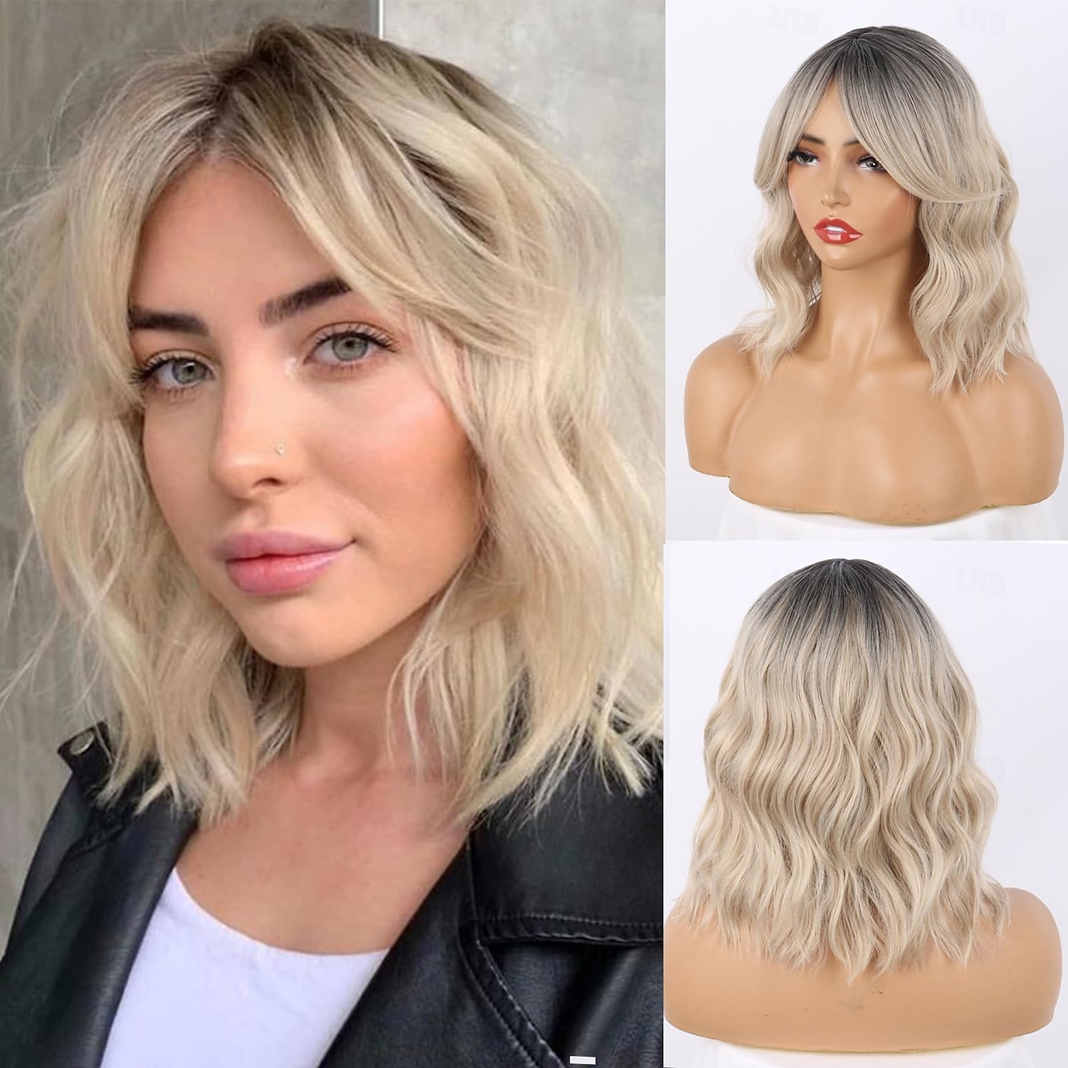 peruca curta ondulada bob com franja cortina, peruca curta ondulada com raízes escuras perucas bob para mulheres peruca bob ondulada de aparência natural com franja de 2025 por $18.99 –P1
