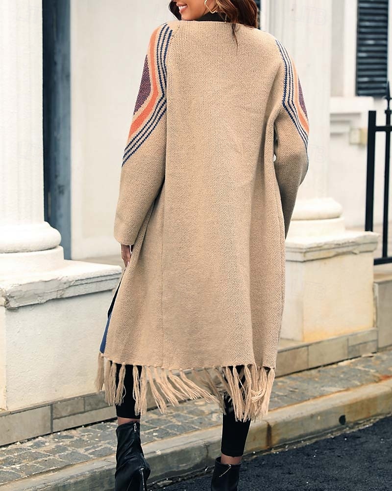 Femme Gilet Cardigan Mode du quotidien Géométrique Ouvrir le devant Franges manche longue Hauts longs Tricoter Extérieur Sortie Fin de semaine Noir Chameau Automne Hiver de 2025 ? $65.99 –P7