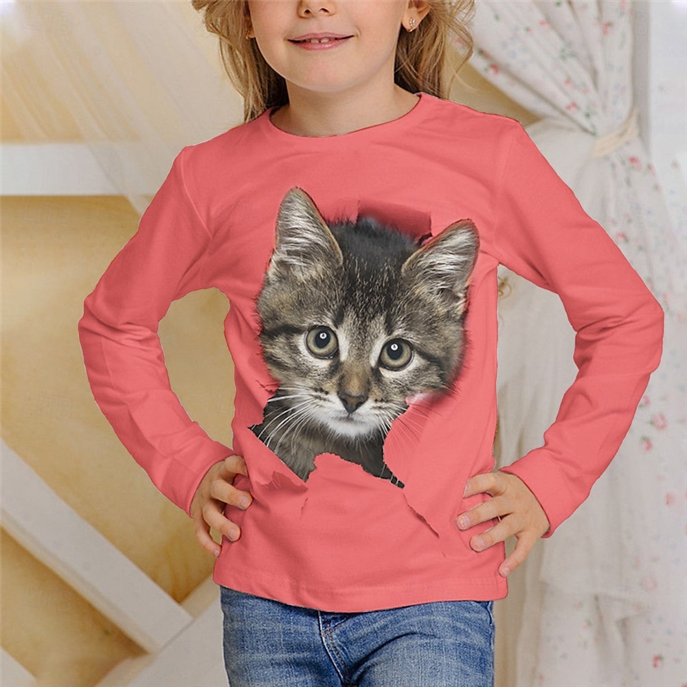Flickor 3D Grafisk Djur Katt T-shirt Långärmad Vår Höst Mode Grundläggande Barn 4-12 år Rund hals Utomhus Ledigt Dagligen Normal 2025 - $13.99 –P2