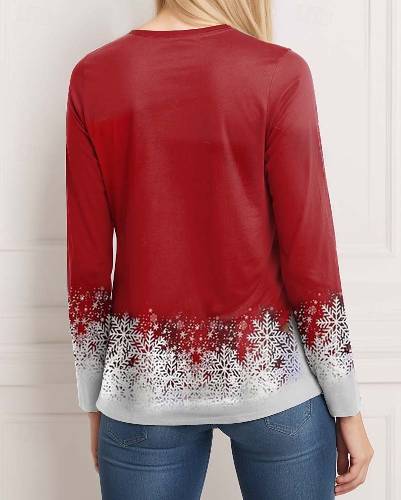 tunica natalizia da donna manica 3/4 stampa albero di natale casual elasticizzata rosso bianco fiocco di neve girocollo abbigliamento invernale festivo del 2025 a $22.99 –P2