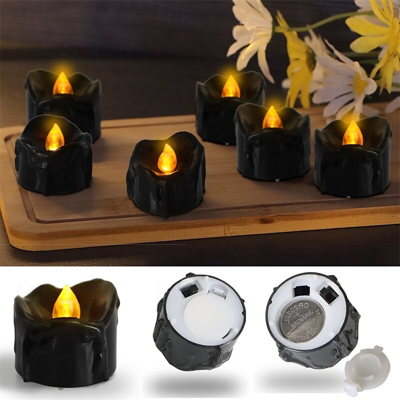 Black Flameless Teardrop Candle Lights Yellow Twinkle Tea Light Candle with Glitter Decoration Freestanding Plastic Round Single Wick for Various Room Types Valentine's Day  Halloween Christmas 2025 - $6.49 –P5