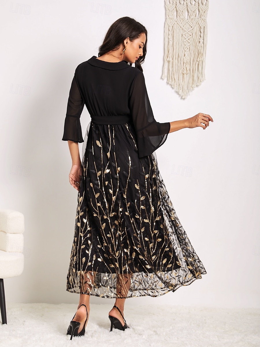 rochie midi de damă cu decolteu în V cu mânecă lungă cu model de ramuri aurii pur cu curea elegantă petrecere seară aur negru mărime întreagă 2025 - $99.99 –P2