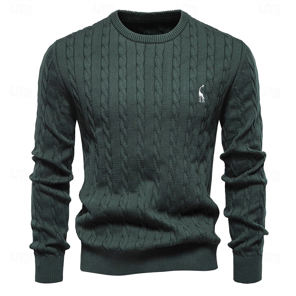 maglione da uomo in cotone con ricamo giraffa, girocollo, classico pullover lavorato a maglia con motivo a torsione per uomo del 2025 a $41.99 –P1