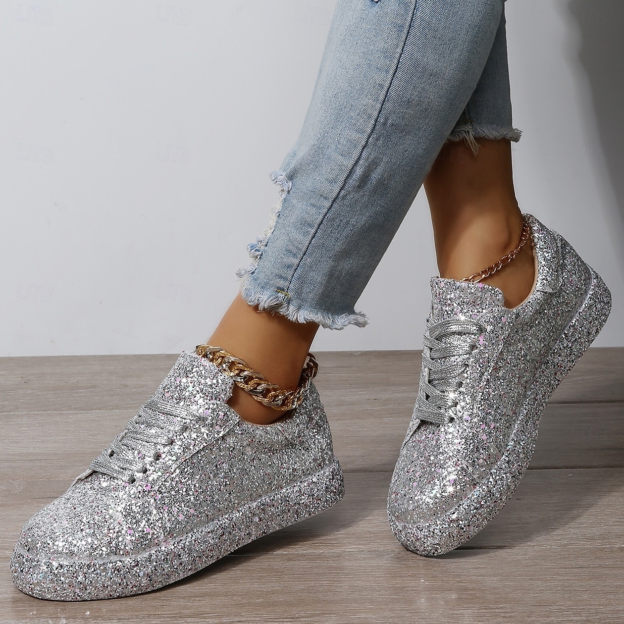 sneakers da donna con plateau e glitter argento - scarpe casual con lacci scintillanti per feste e street style del 2025 a $42.99 –P3