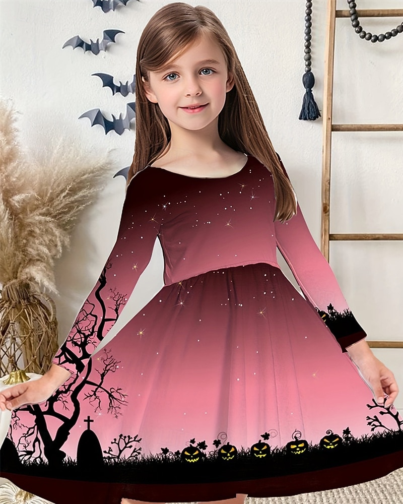 Dziewczyny ' 3D Graficzny Halloweenowa dynia Sukienka Długi rękaw Lato Wiosna Urlop Codzienny Święto Piękny Słodkie Dzieci 4-12 lat Codzienne sukienki Sukienka A line Do kolan Regularny 2025 - $16.99 –P1