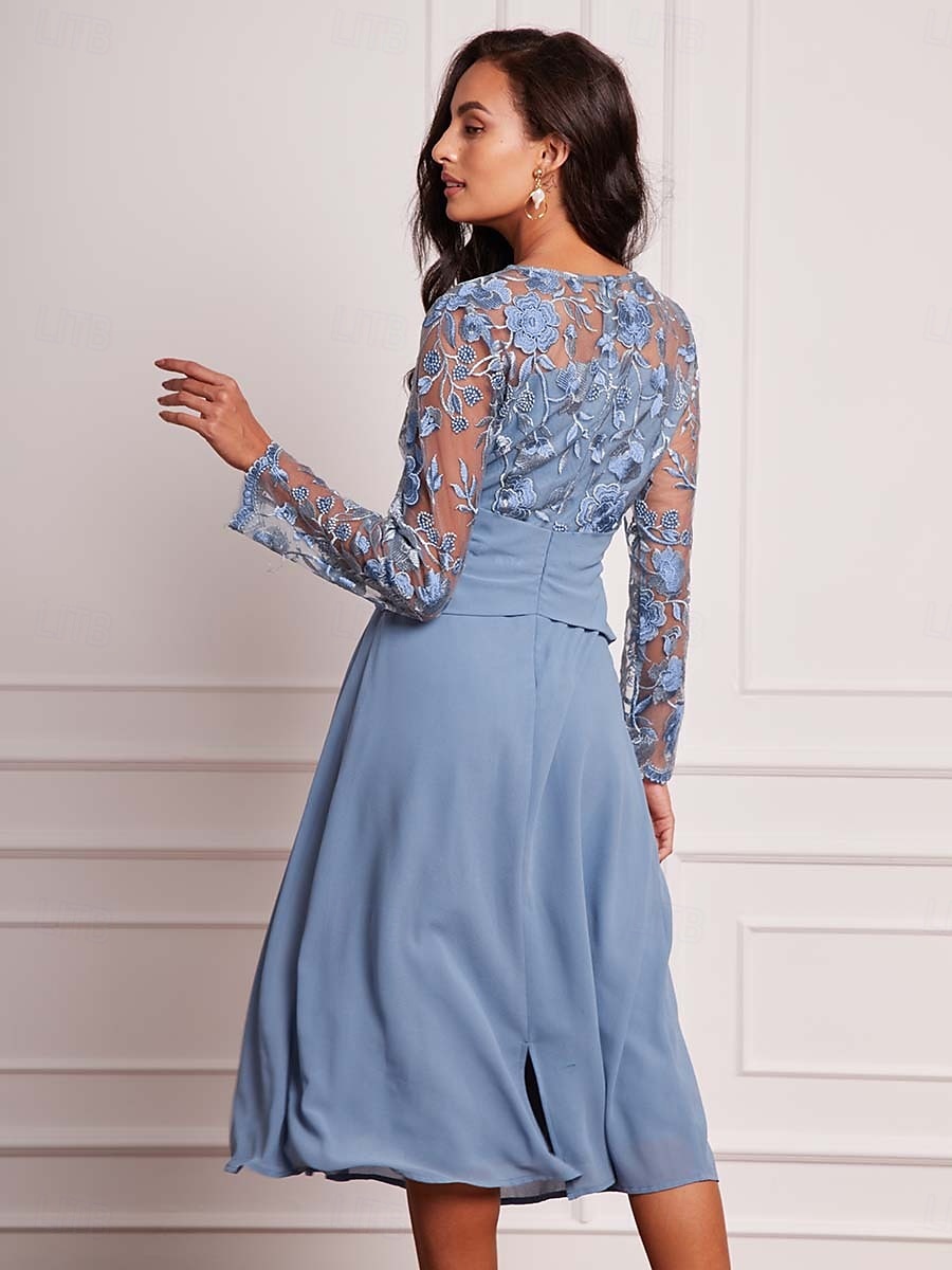 Damen-Hochzeitsgastkleid, Vintage-Kleid, Midikleid, gerüschtes Netz, elegante Cocktailkleider, lässig, Rundhalsausschnitt, lange Ärmel, blaue Farbe 2025 - $49.99 –P6