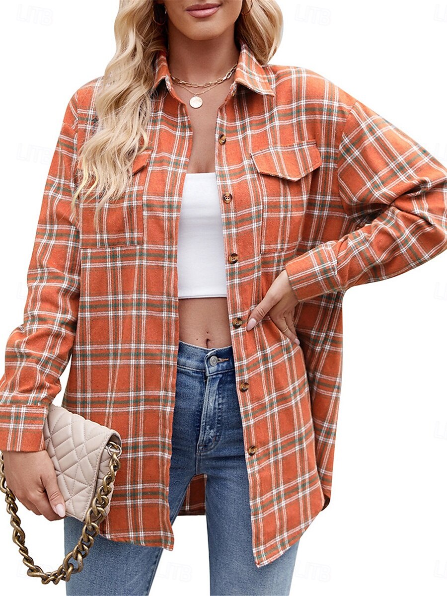 Dam Vardaglig jacka Utomhus Gata Dagliga kläder Höst Vinter Normal Täcka Normal Håller värmen Andningsfunktion Stylish Ledigt Jacka Långärmad Ränder och pläd Med fickor Mönster Rodnande Rosa 2025 - $41.99 –P7