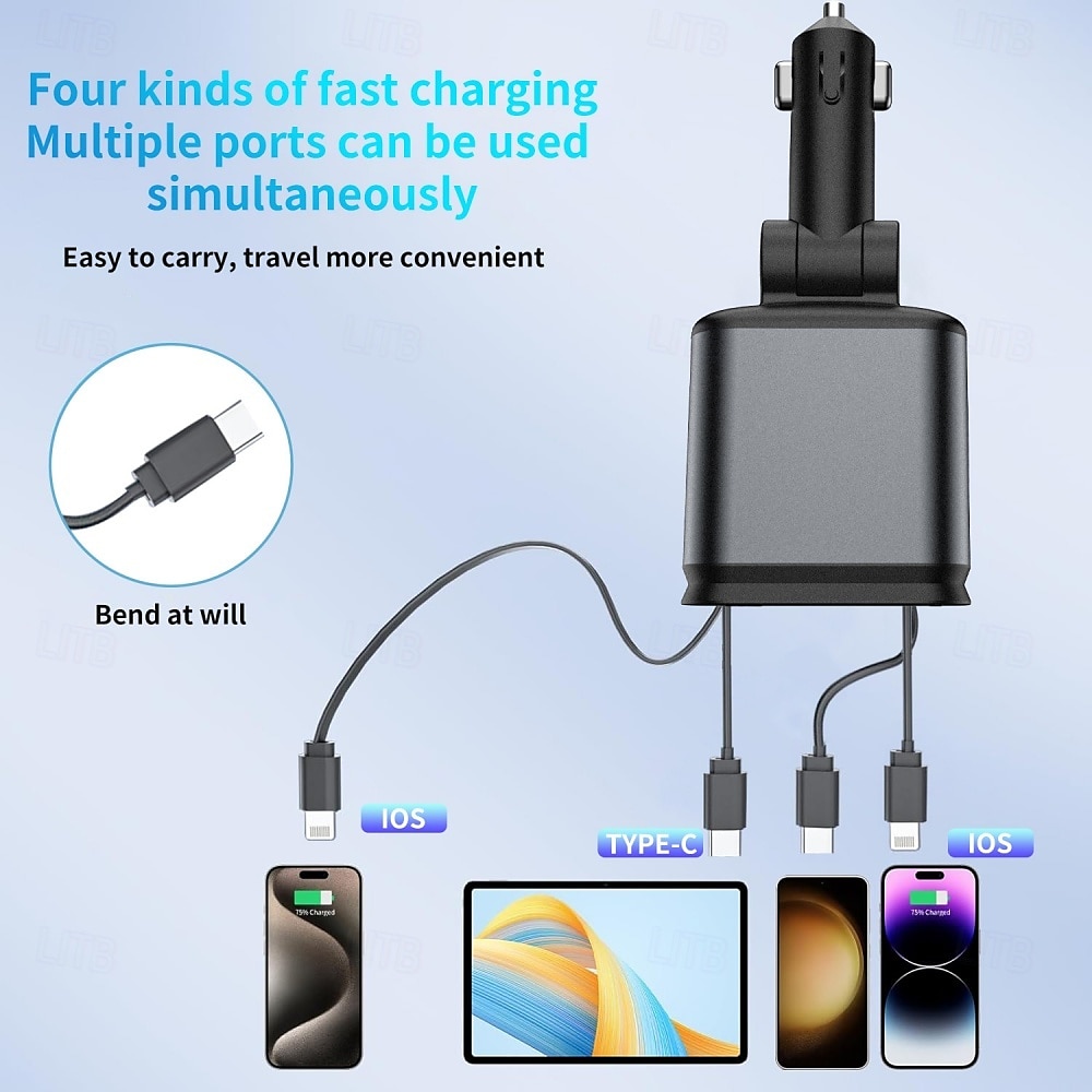 4-in-1 Car Charger Starry Sky Atmosphere Light Car Super Fast Charging Flash Charging Telescopic Cable Type-C & Lighting 2025 - $36.99 –P3