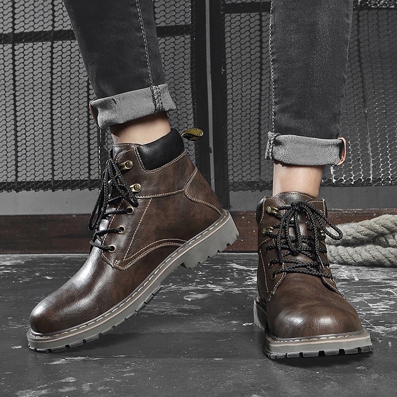 Men's Brown Leather Work Boots, Durable Lace-Up Ankle Boots with Rugged Sole, Perfect for Outdoor Activities, Construction, and Casual Wear 2025 - $79.99 –P8