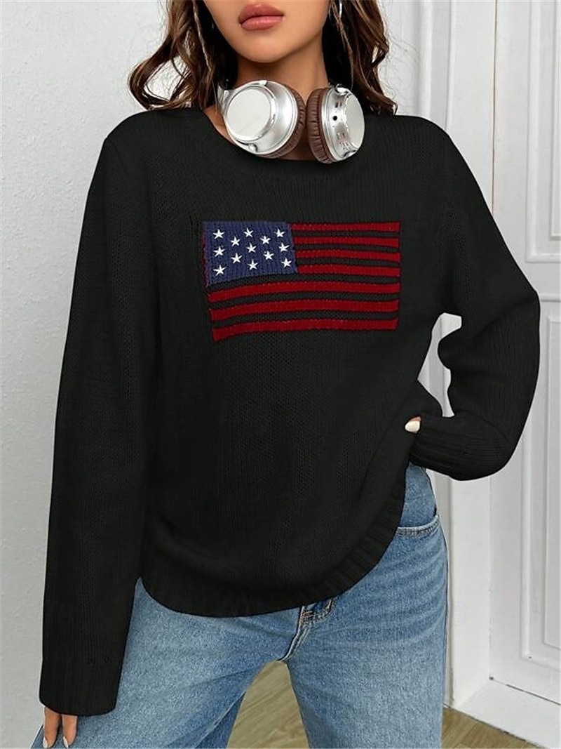 Women's Sweater Daily Stylish Casual Graphic Crew Neck Crewneck Long Sleeve Regular Tops Knit Going out Black White Fall Winter 2025 - $44.99 –P8