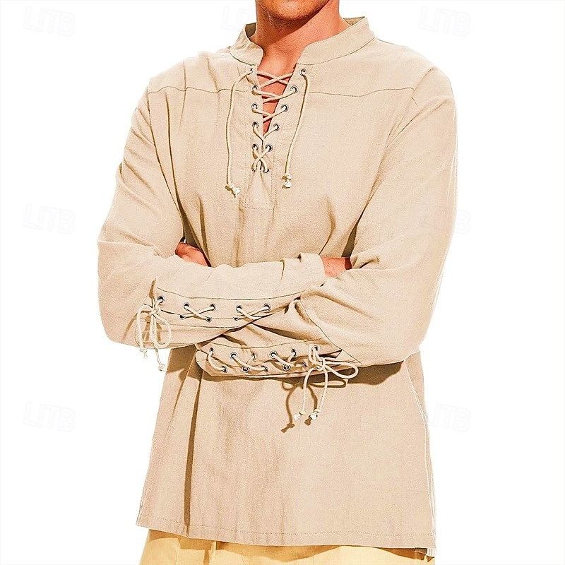 Men's Shirt Linen Shirt Popover Shirt Casual Shirt Cotton Shirt Plain Streetwear Vacation White Wine Navy Blue Brown Long Sleeve Stand Collar Spring &  Fall Clothing Apparel Lace up 2026 - $28.99 –P12