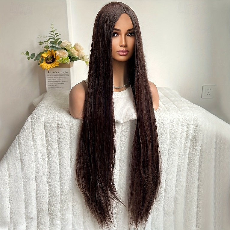 parrucca lunga e liscia - fibra sintetica resistente al calore con frangia o riga in mezzo - perfetta per feste di carnevale e cosplay - parrucca da donna alla moda del 2025 a $20.99 –P2