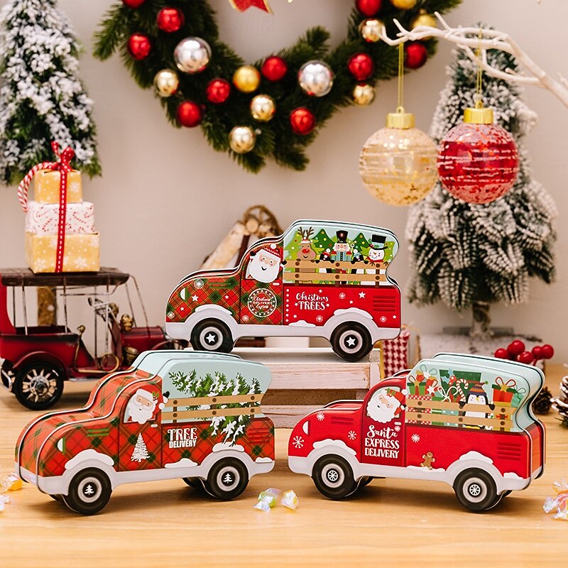 karácsonyi autós cukorka doboz díszdoboz, kreatív autó alakú fém csemegedoboz, karácsonyi dekoráció, gyerekajándék, kis autós témájú cukorkatartó ünnepi parti ajándékokhoz 2025 - $9.49 –P2