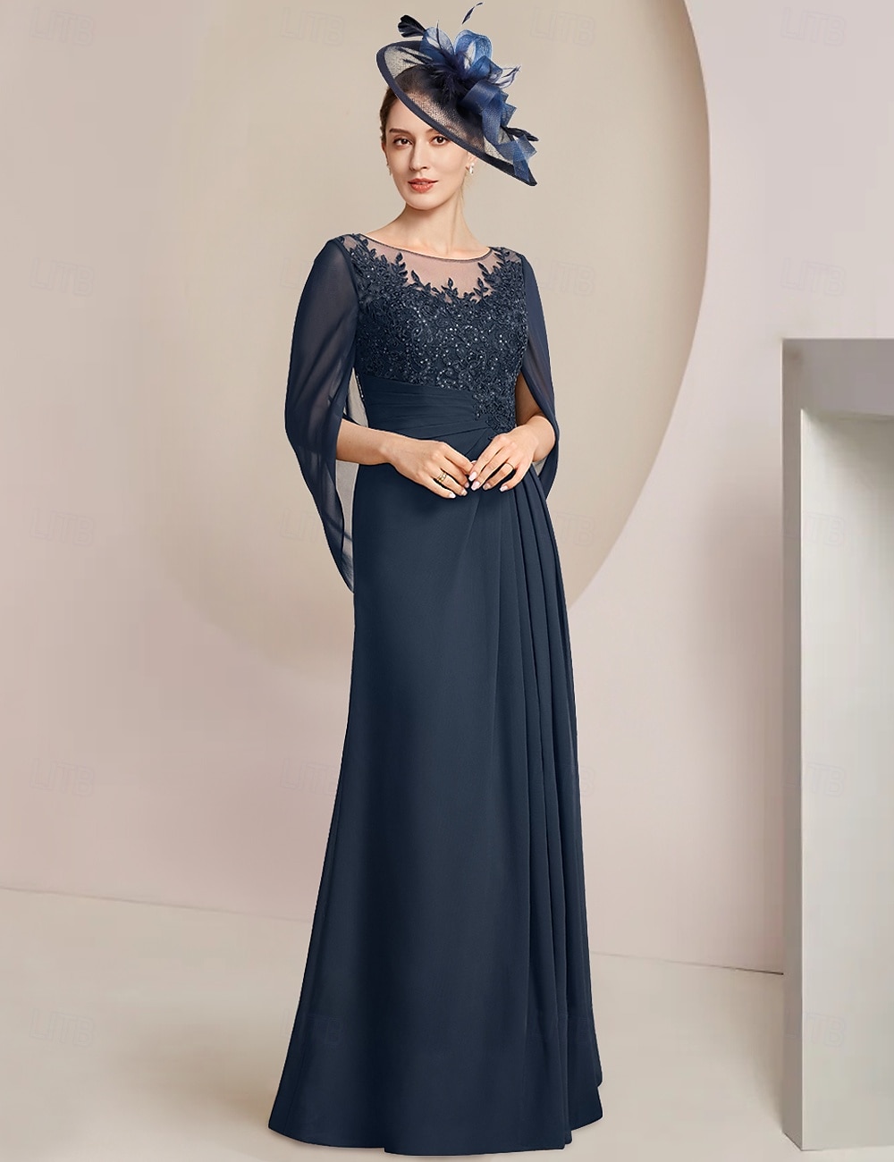 Abito Sheath Madre della Sposa Abito Elegante Collo Gioiello Lunghezza Piena Chiffon Manica Mezza con Pizzo Drappeggiato Laterale a Colore Solido taglia personalizzata gratuita del 2025 a $197.99 –P3