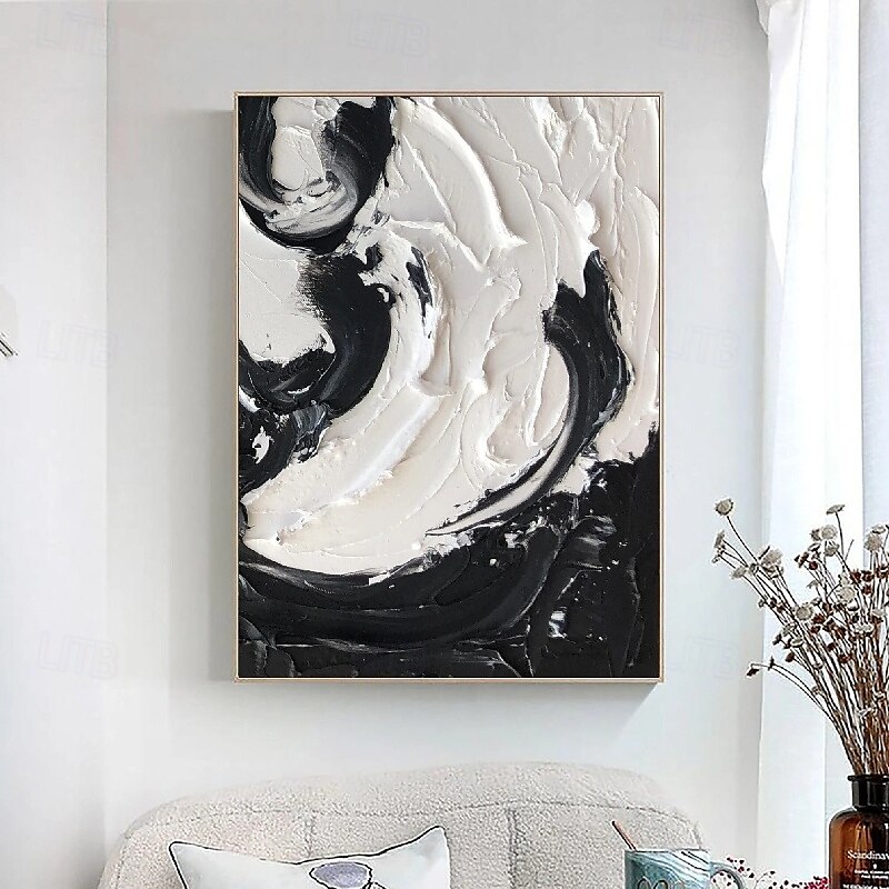 dipinto a mano bianco nero con texture pittura oversize 3d fatto a mano arte murale geometrica astratta grande dipinto minimalista bianco nero con texture per soggiorno camera da letto decorazione del 2025 a $125.99 –P3