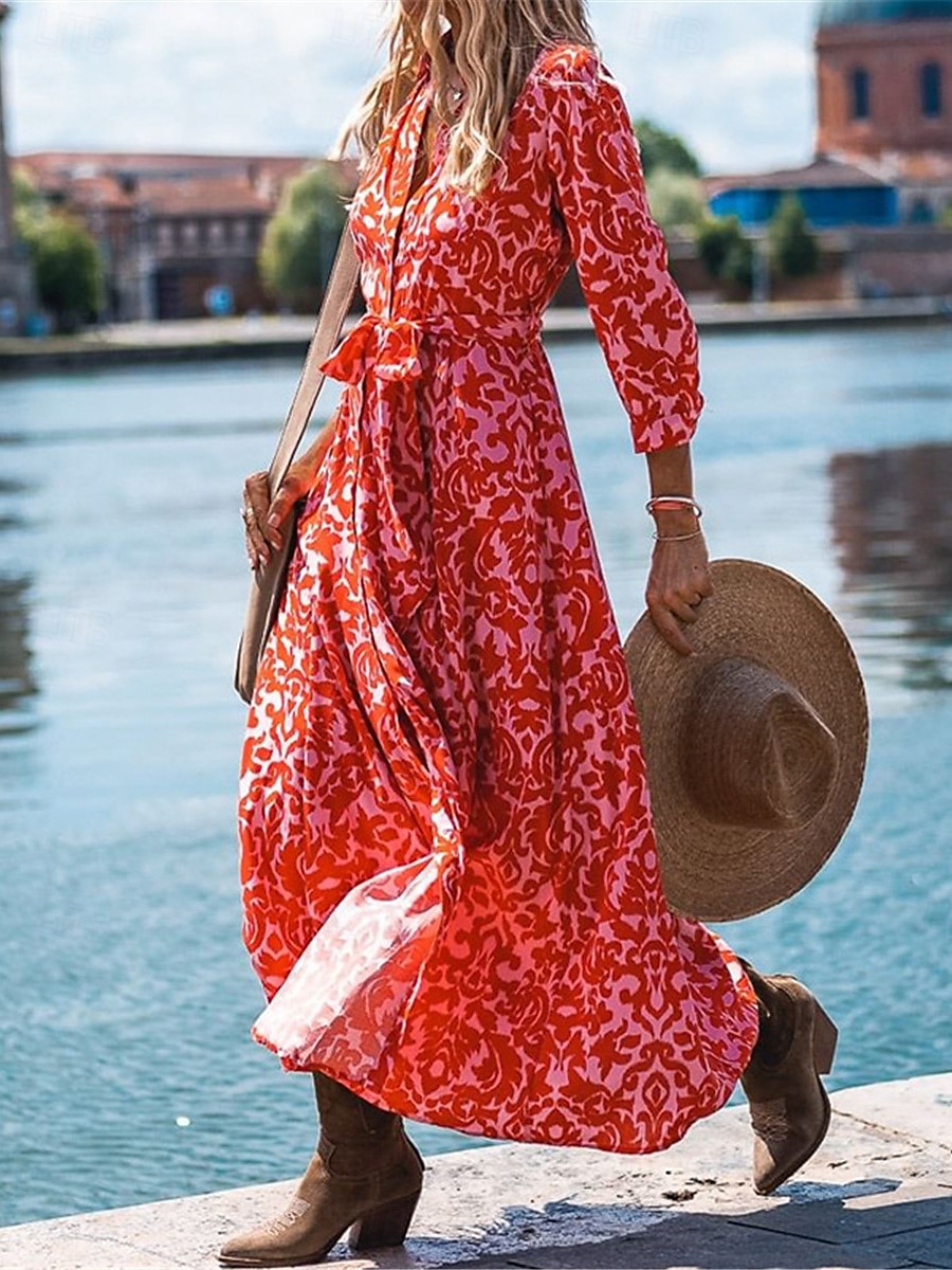 Women's Floral Print V Neck Long Dress Maxi Dress 3/4 Length Sleeve Spring Fall 2025 - $50.99 –P1