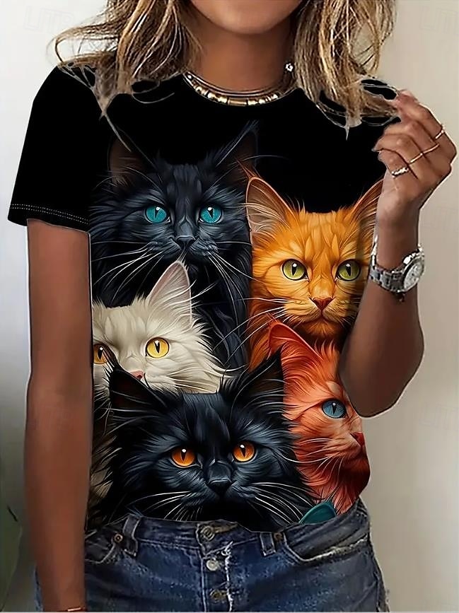 Women's T Shirt Casual Print Short Sleeve Regular Tops Daily Black Summer 2025 - $19.99 –P1