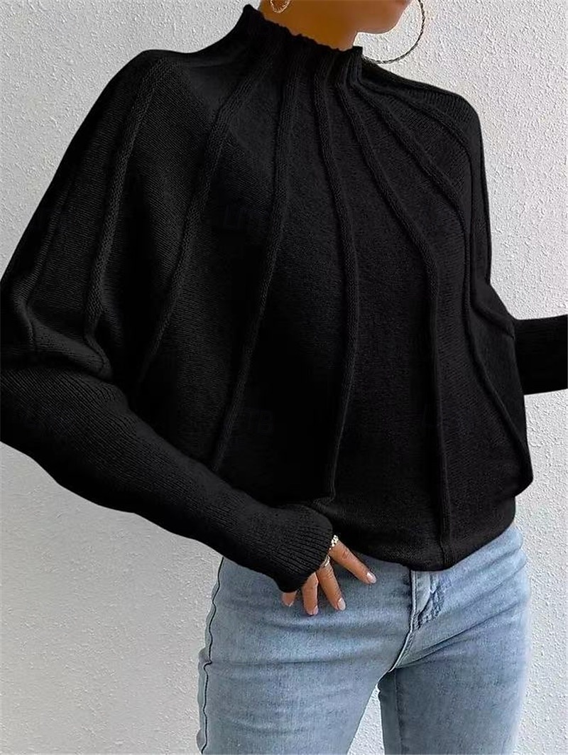 Damen Pullover Modisch Täglich Feste Farbe Stehkragen Strick Textur Fledermaus Ärmel Langarm Normale Oberteile Stricken Heim Arbeit Täglich Schwarz Weiß Herbst Winter 2025 - $35.99 –P6