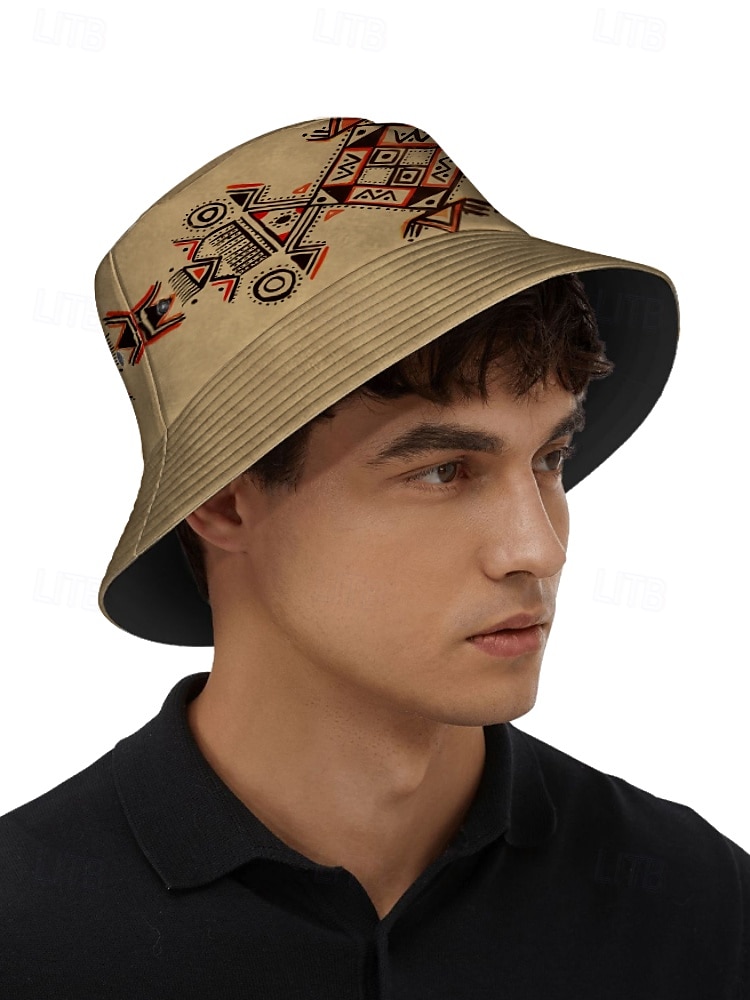 pánský béžový bucket klobouk s etnickým geometrickým potiskem - stylový letní klobouk pro outdoorové dobrodružství a festivaly 2025 - $18.99 –P4