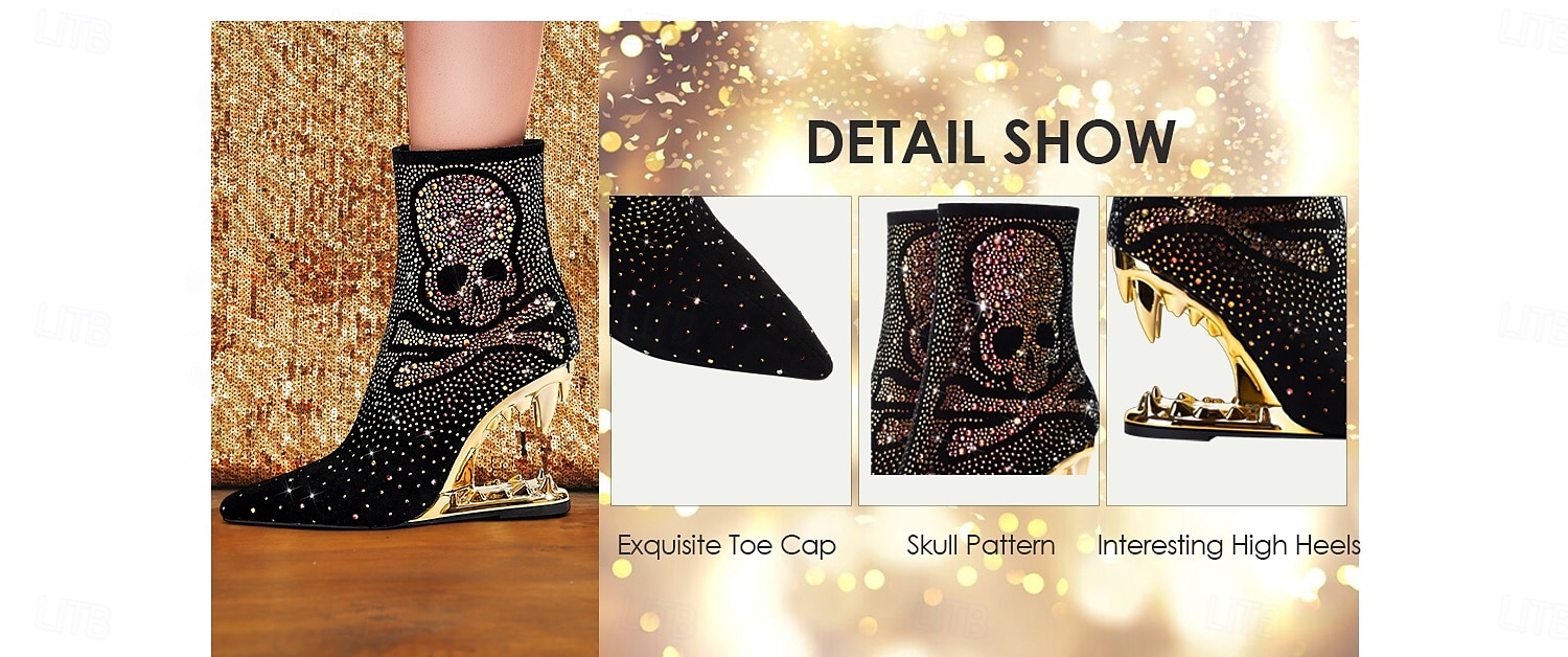 bottines noires à tête de mort pour femmes avec ornements en strass et talons découpés dorés – talons audacieux pour la mode gothique et les fêtes de 2025 ? $129.99 –P3