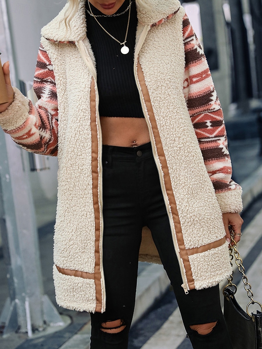 Dames Fleecejack Teddy jas Hoodie jas Houd Warm Ademend Vetoketju Zak Met fleece gevoerd Vintage Casual Geometrisch Vakantie Straat Alledaagse kleding Uitgaan Rits Lang Strijkijzer Normale pasvorm 2025 - $52.99 –P1