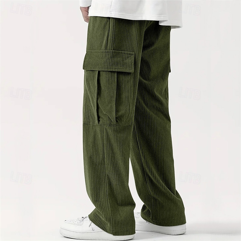 Men's Cargo Pants Corduroy Pants Trousers Straight Leg Sweatpants Elastic Waist Drawstring Multi Pocket Plain Wearable Outdoor Daily Camping & Hiking Fashion Classic Black Army Green 2025 - GBP £19.65 –P11
