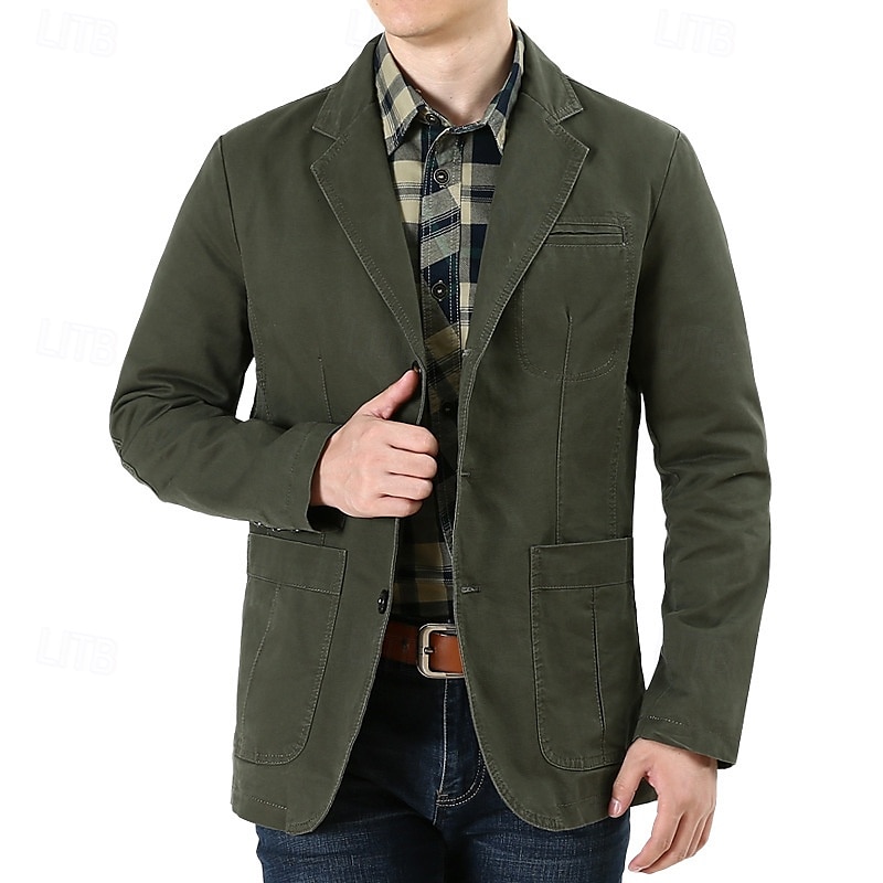 Herre Blazer Virksomhet Cocktailfest Bryllupsfest Mote Fritid Vår & Vinter 100 % bomull Helfarge Knapp Lomme Bekvem Enkeltkneppet Blazer Svart Grønn Kakifarget 2025 - $54.99 –P8