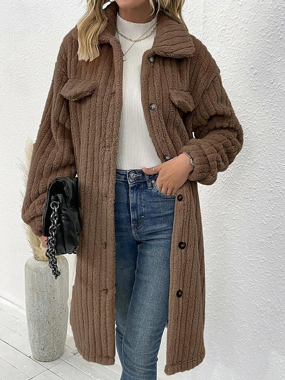 Dam Vinterkappa Fleece-jacka Teddyrock Håller värmen Andningsfunktion Ficka Mode Ledigt Slät Arbete Gata Enkelknäppt Lång Nedvikt Lös passning Långärmad Ytterkläder Brun Mörkgrå Beige Höst Vinter 2025 - $62.99 –P9
