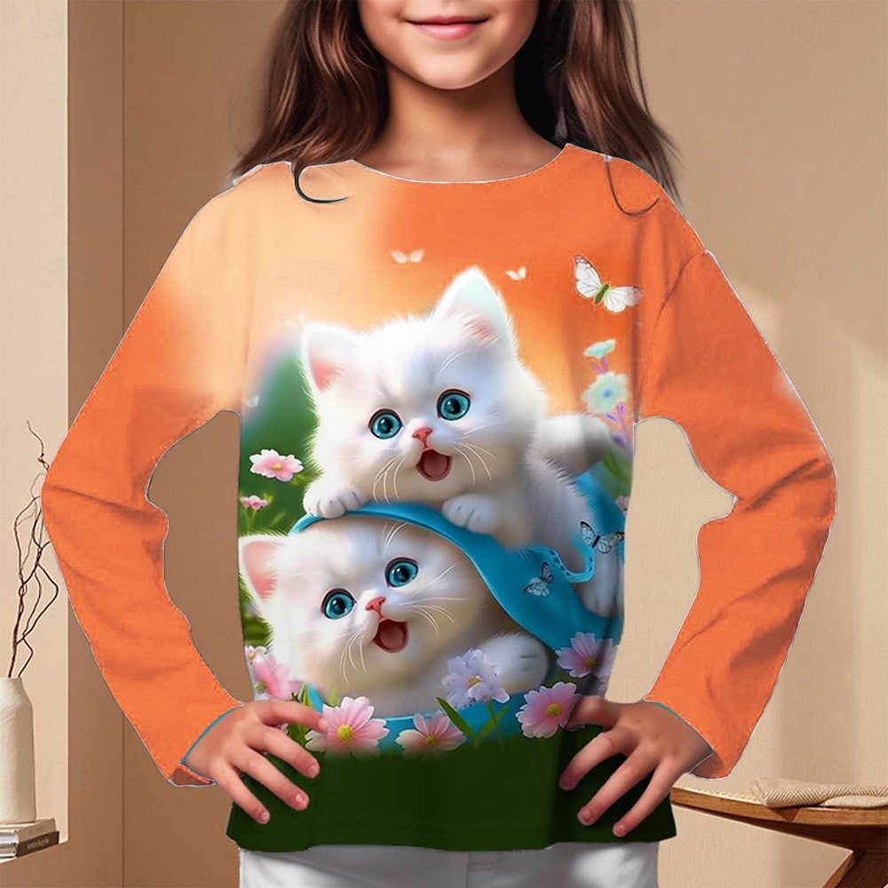 Jente 3D Grafisk Dyr Katt T skjorte T-skjorte Langermet Vår Høst Mote Grunnleggende Barn 4-12 år Crew-hals utendørs Avslappet Daglig Normal 2025 - $13.99 –P5