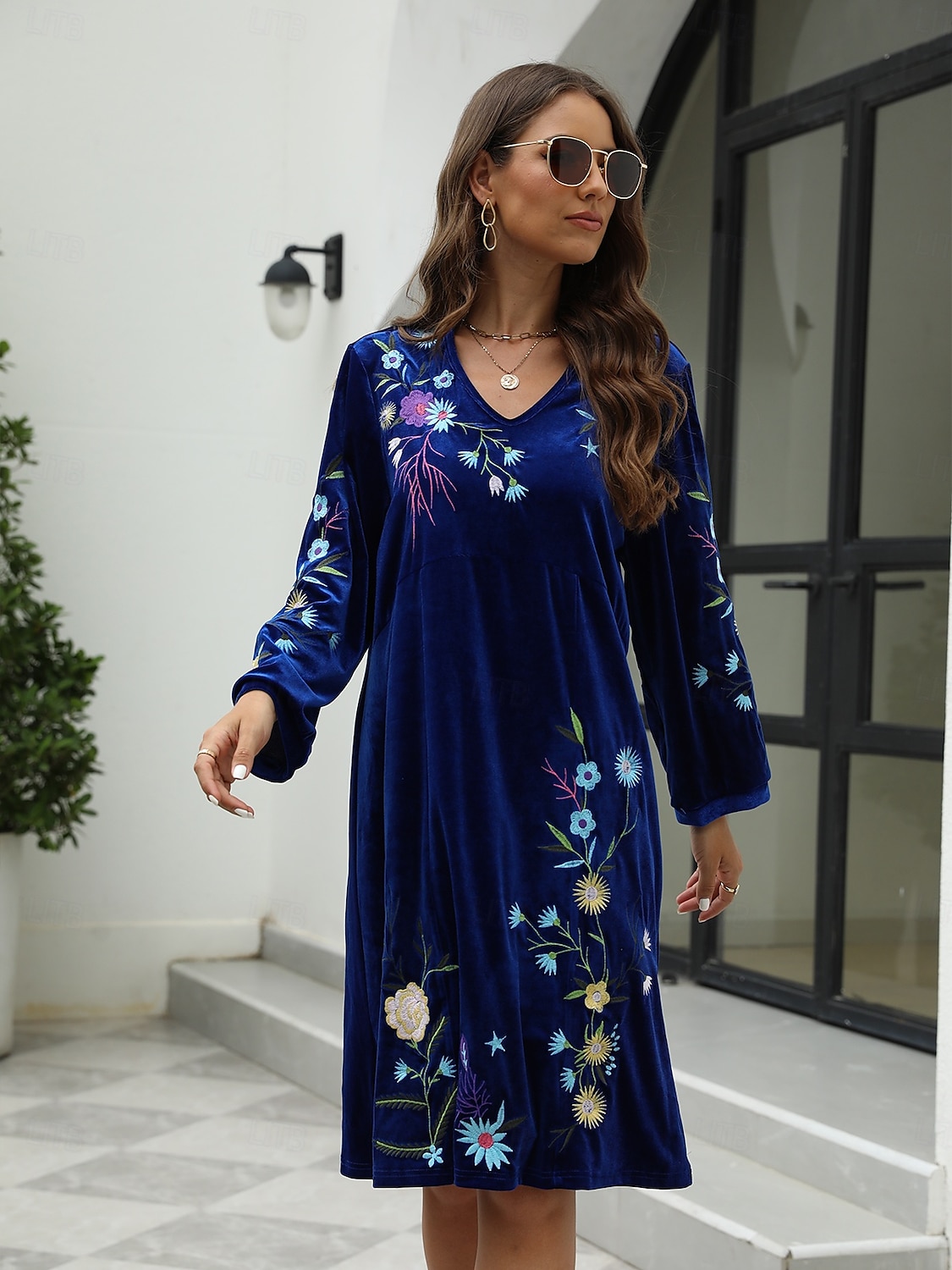 robe décontractée pour femme robe midi brodée avec manche saint valentin travail rendez-vous élégant basique col en V manches longues manche évêque couleur bleue de 2025 ? $36.99 –P5