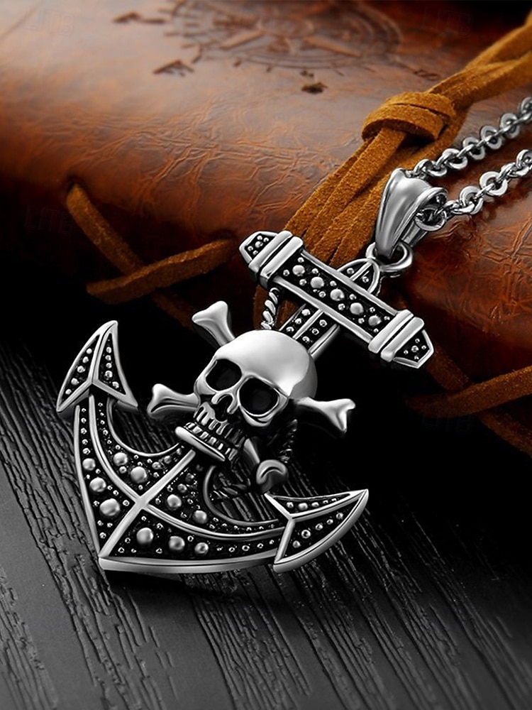 colar masculino com pingente de caveira gótica e âncora – corrente de aço inoxidável com tema pirata vintage para estilos de motociclista, punk e halloween de 2025 por $11.99 –P1