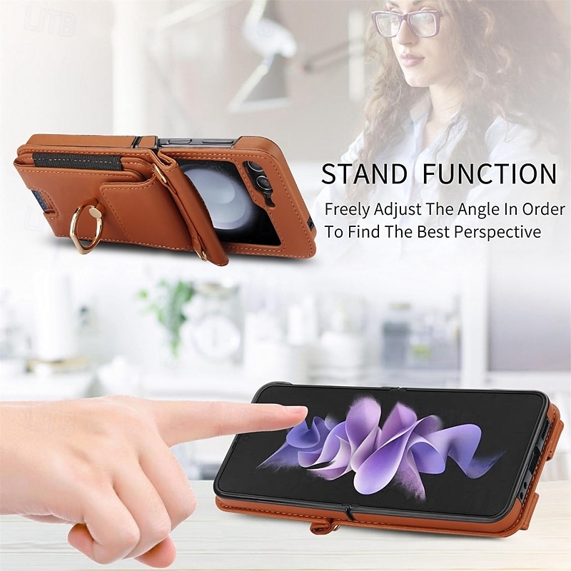 Phone Case For Samsung Galaxy Z Flip 7 Z Flip 6 Z Flip 5 Z Flip 4 Z Flip 3 Back Cover Ring Holder with Lanyard with Wrist Strap Retro TPU PU Leather 2025 - $29.99 –P12