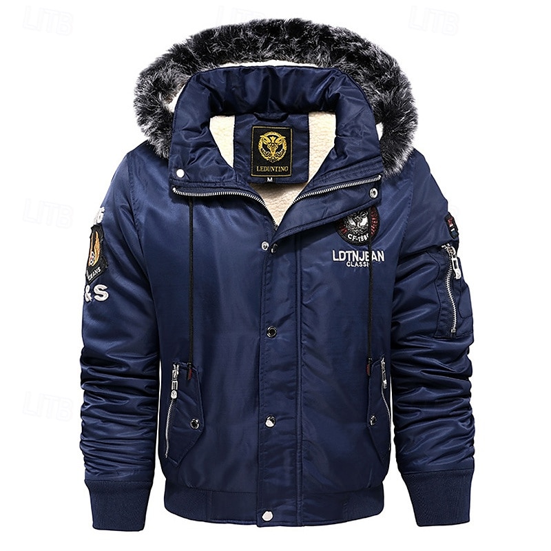 Herre Vinterfrakk Fleece-jakke Parkas Lomme Fleece Polyester Fleecefôr Dagligdagstøy Stevnemøte Feriereise Normal Mote Fritid Bekvem Hold Varm Høst vinter Bokstaver Svart Rød Blå Pufferjakke 2025 - $60.99 –P14