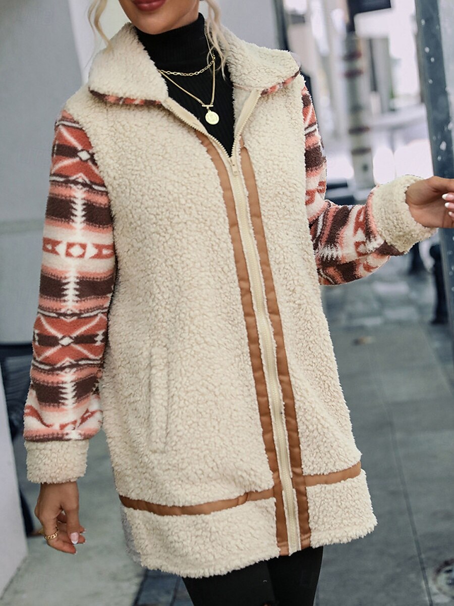 Dames Fleecejack Teddy jas Hoodie jas Houd Warm Ademend Vetoketju Zak Met fleece gevoerd Vintage Casual Geometrisch Vakantie Straat Alledaagse kleding Uitgaan Rits Lang Strijkijzer Normale pasvorm 2025 - $52.99 –P5
