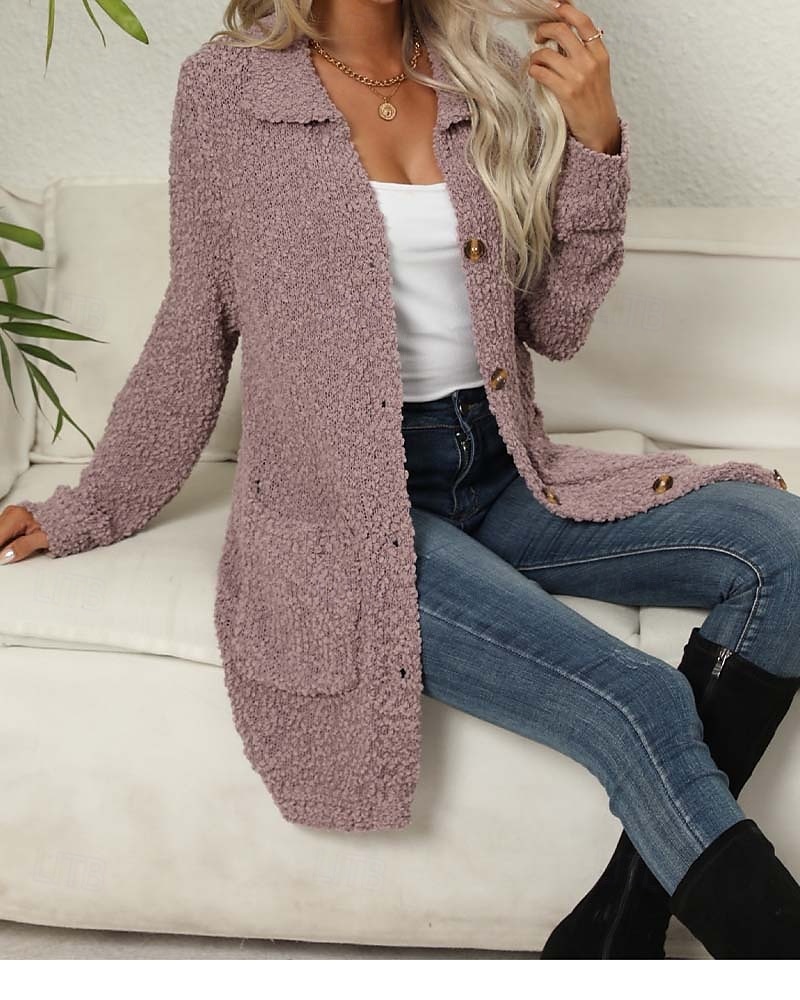 Damen Strickjacke Elegant Modisch Täglich Feste Farbe Öffnung vorne Strick Textur Langarm Lange Oberteile Stricken Arbeit Grün Dunkelviolett Herbst Winter 2025 - $77.99 –P6