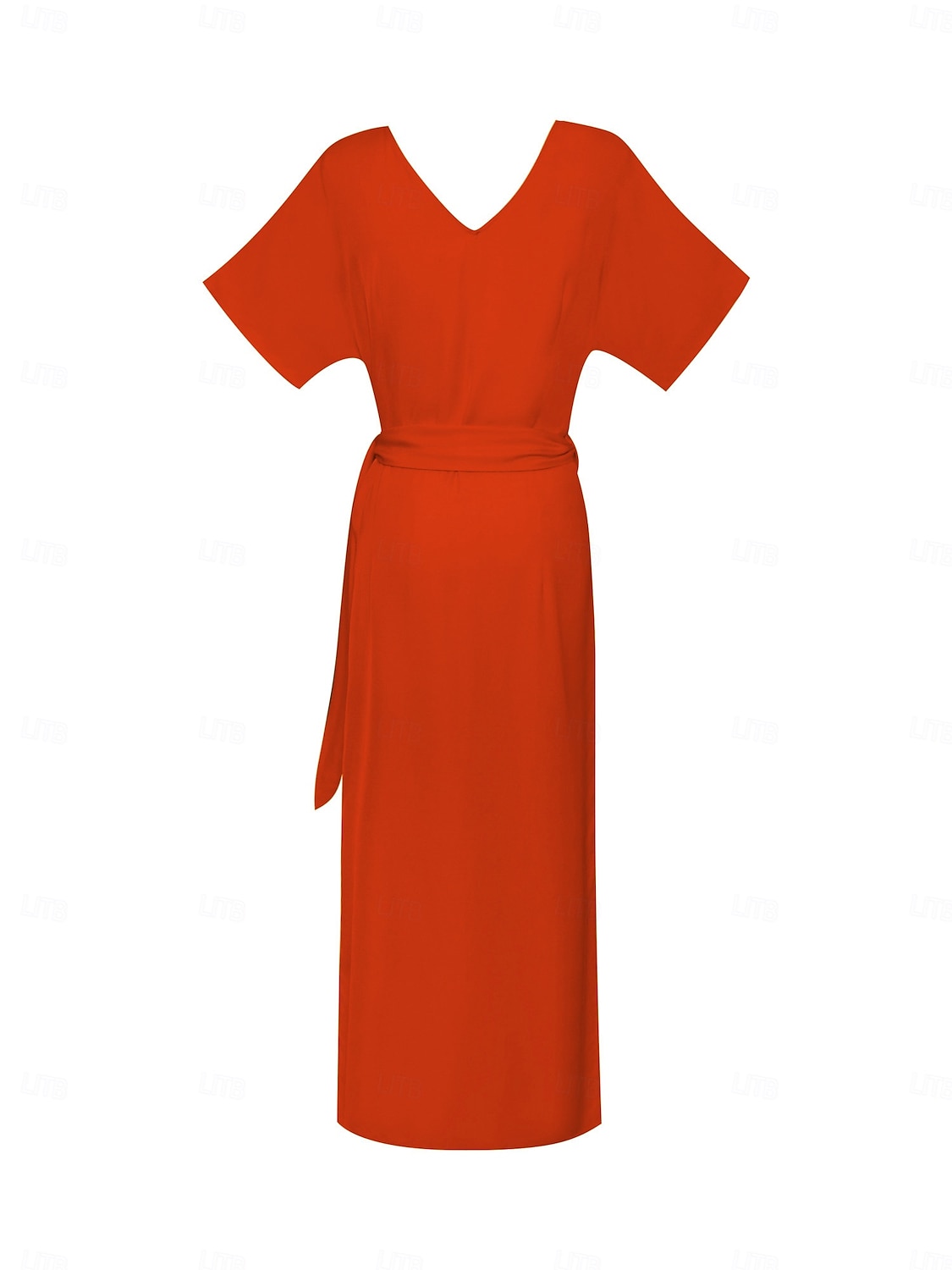 Robe midi portefeuille froncée en lin tencel pour femme orange rouge col en V de 2025 ? $119.99 –P18