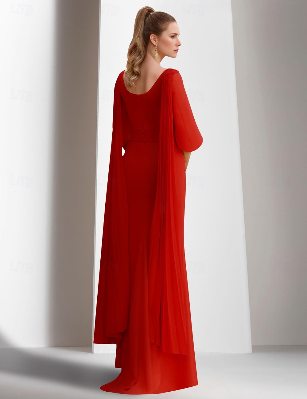 Rotes Etui Abendkleid Elegantes formelles Hochzeitsgast Kleid Bodenlang Kurzarm Quadrat Ausschnitt Stretch-Crepe mit Applikationen 2025 - $189.99 –P2