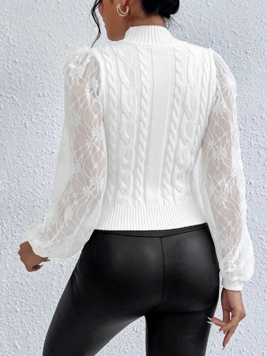 Dames Trui Elegant Modieus Dagelijks Effen Kleur Kabel Strakke ronde hals Kant Uitlopende mouw Lange mouw Normale tops breien Werk Wit Herfst Winter 2025 - $56.99 –P3