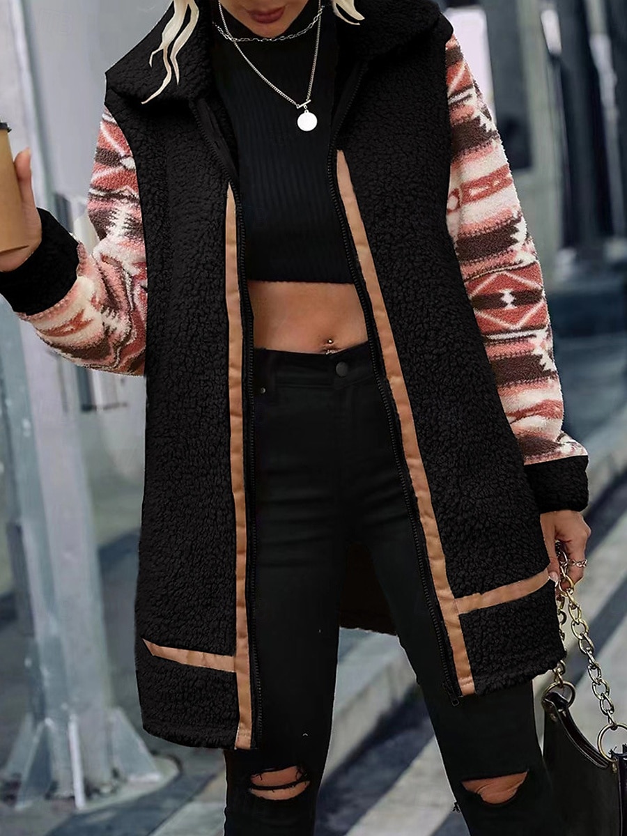 Dames Fleecejack Teddy jas Hoodie jas Houd Warm Ademend Vetoketju Zak Met fleece gevoerd Vintage Casual Geometrisch Vakantie Straat Alledaagse kleding Uitgaan Rits Lang Strijkijzer Normale pasvorm 2025 - $52.99 –P6
