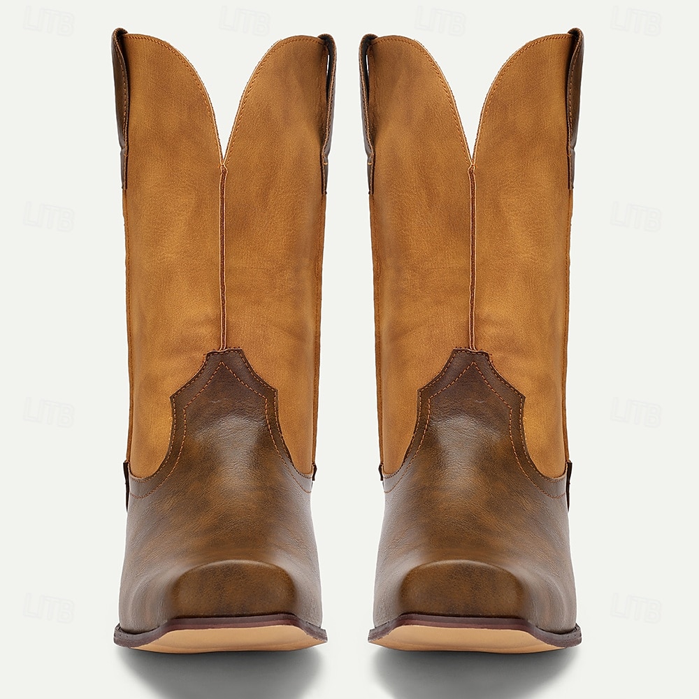 stivali da cowboy western da uomo – stivali in similpelle marrone chiaro in stile vintage a metà polpaccio con punta quadrata, ideali per l'outdoor e l'abbigliamento casual del 2025 a $64.99 –P2